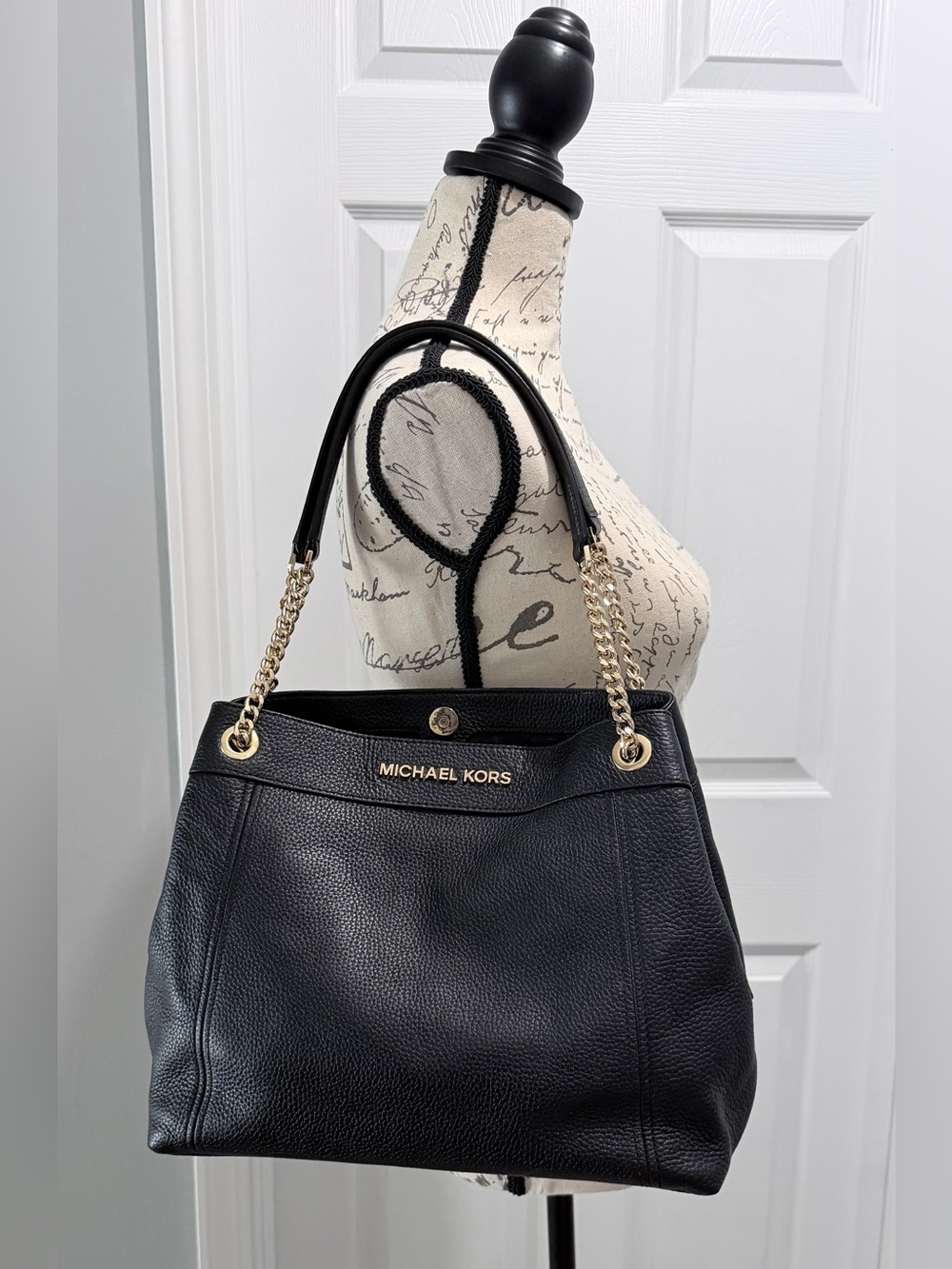 Michael Kors Black Pebbled Leather Shoulder Bag with Gold Chain Handles